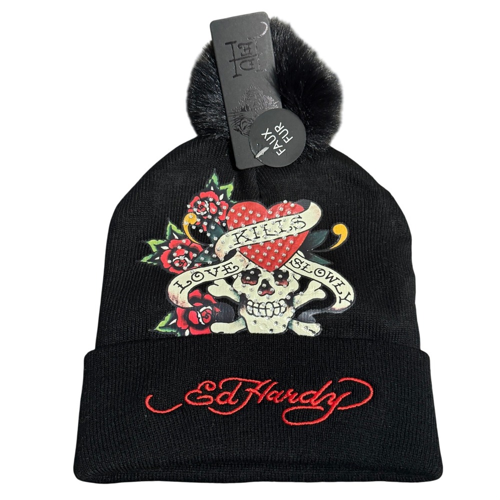 NWT Ed Hardy Beanie Women's One Size Black Skull Love Kills slowly embellished‎